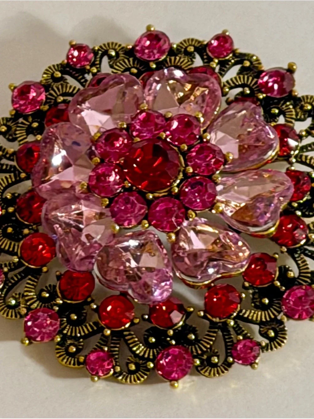 Vintage Style Pink Red Rhinestone Flower Brooch Gold Tone Filigree Statement Pin